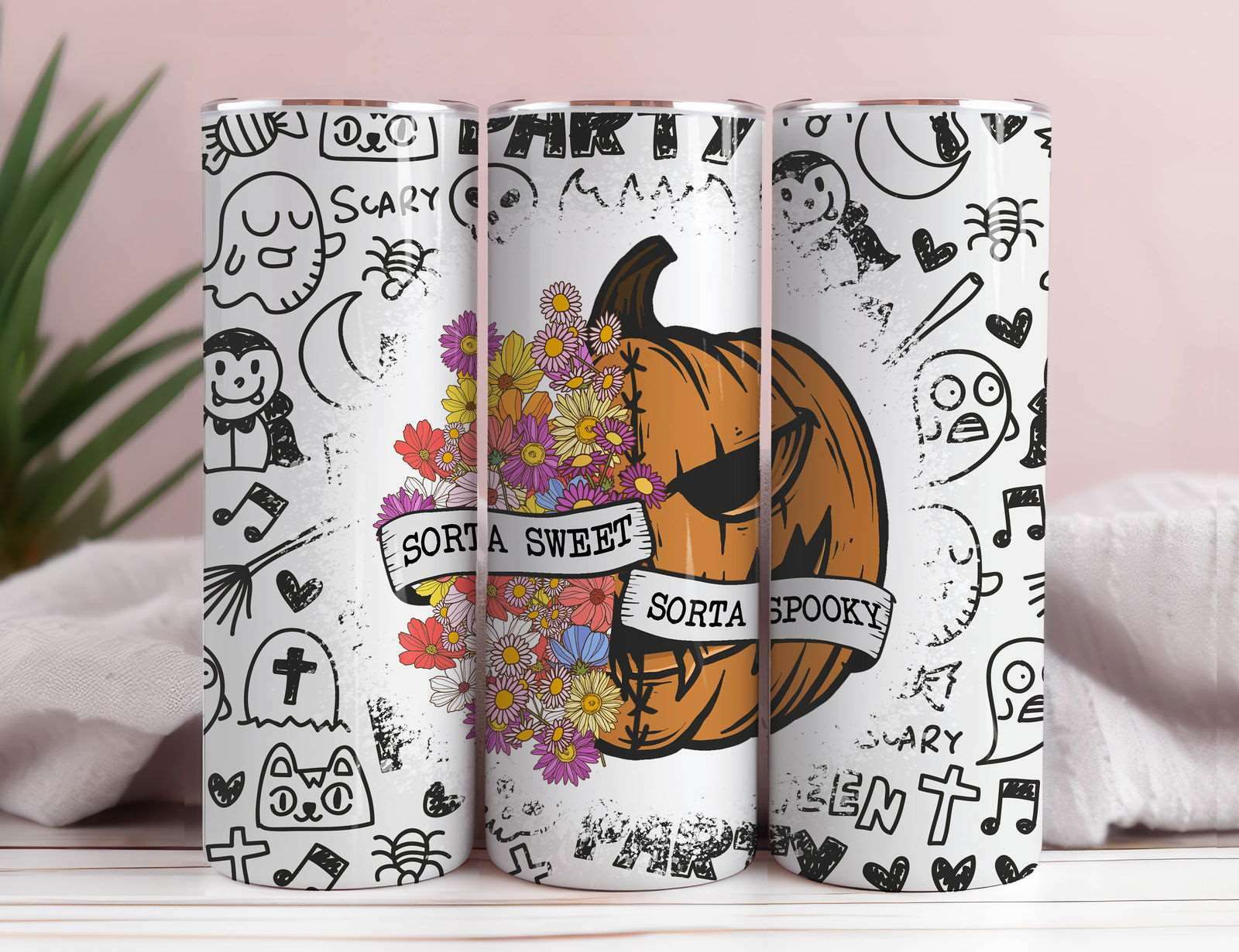 Sorta Sweet Sorta Spooky Seamless Tumbler Wrap, Floral Pumpkin Png