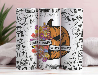 Sorta Sweet Sorta Spooky Seamless Tumbler Wrap, Floral Pumpkin Png
